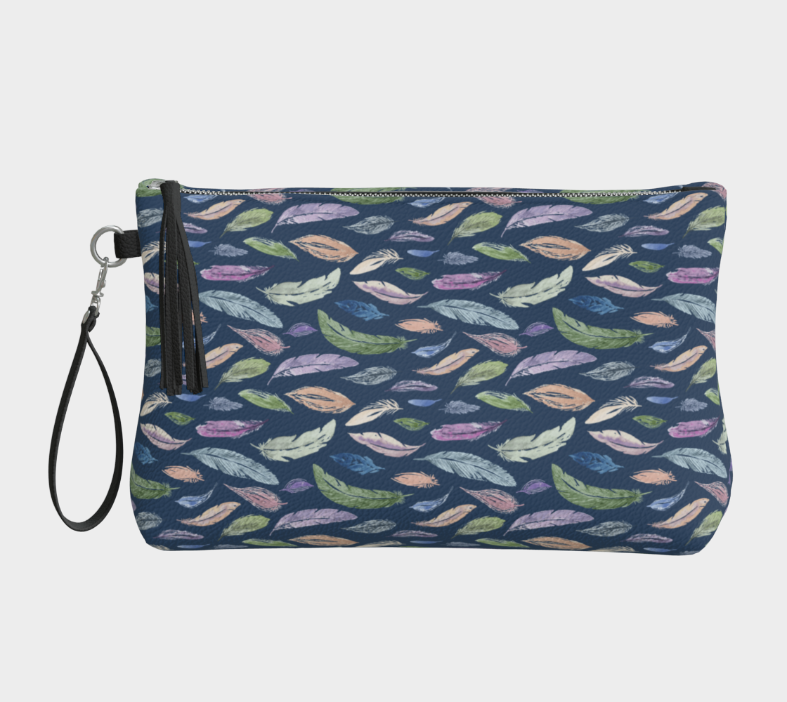Vegan Leather Clutch & Makeup Bag – Feathers on Navy small