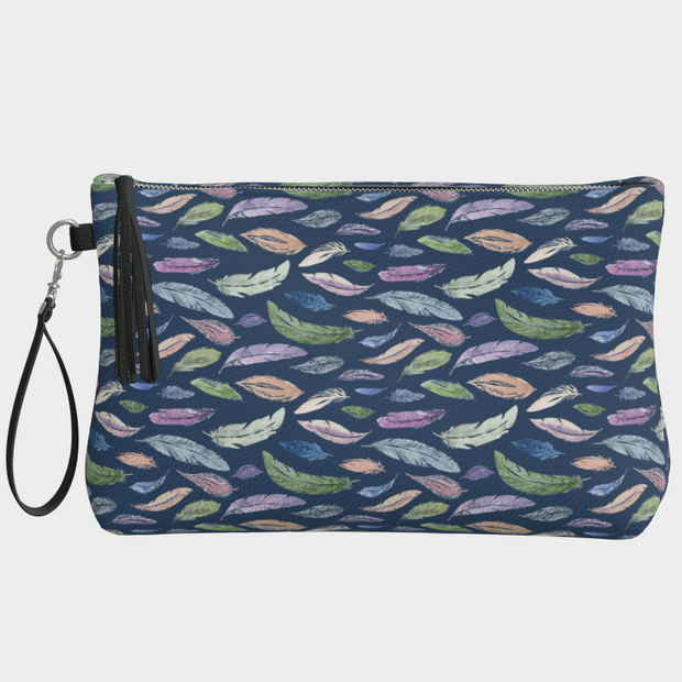 Vegan Leather Clutch & Makeup Bag – Feathers on Navy small