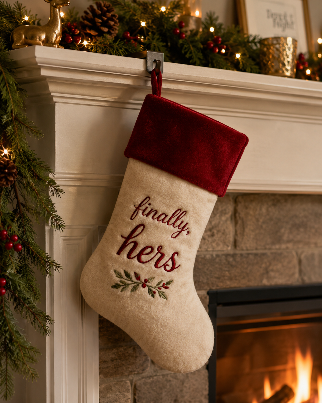 Christmas stocking with 'finally, hers' text hanging on a fireplace mantle.