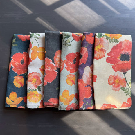 European Linen napkins in an Ember Poppies pattern in 6 different colors