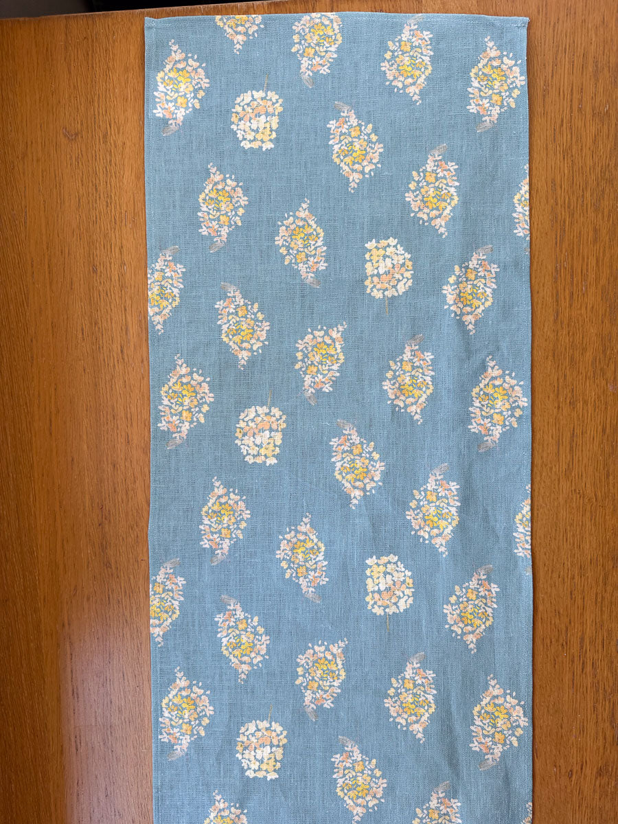 golden hydrangea european linen table runner in aqua
