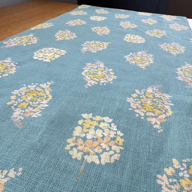 golden hydrangea european linen table runner in aqua