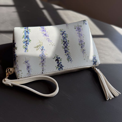 dancing delphinium clutch in vegan leather
