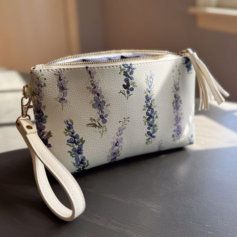 dancing delphinium clutch in vegan leather