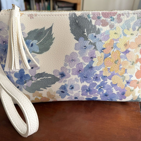 endless hydrangea vegan leather clutch in white