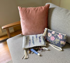 Vegan Leather Clutch and Makeup Bag, shown in Delphinium and Airy Cosmos