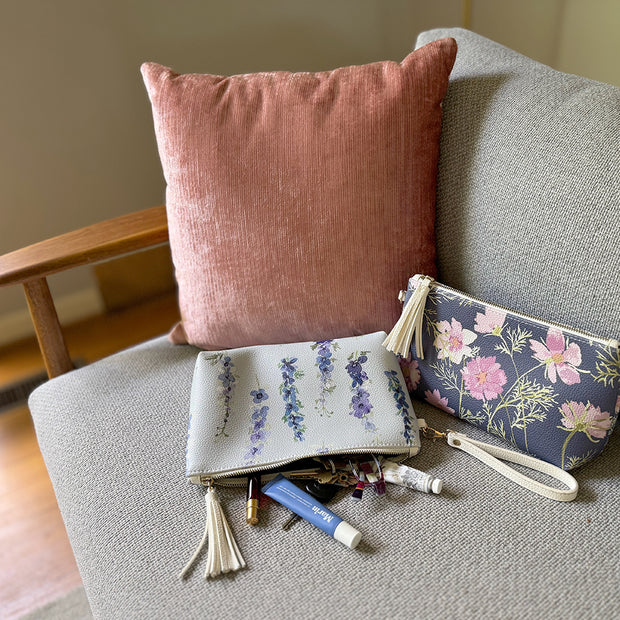 Vegan Leather Clutch and Makeup Bag, shown in Delphinium and Airy Cosmos