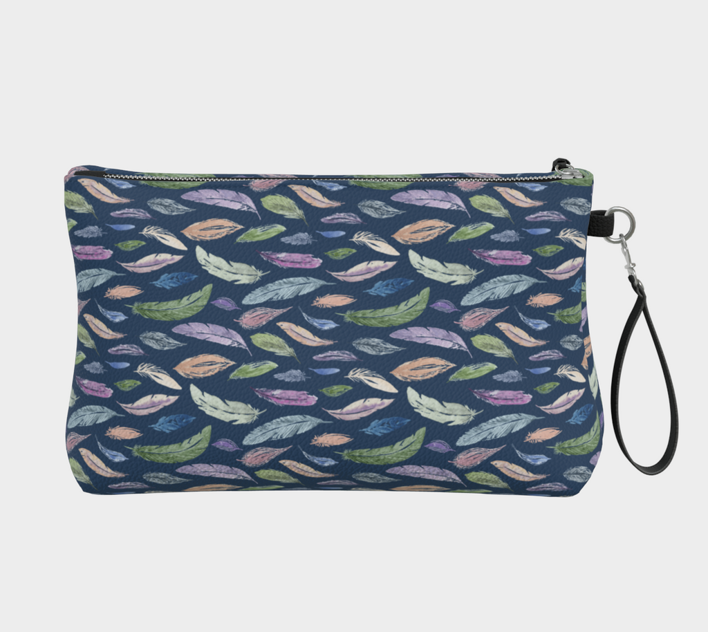 Vegan Leather Clutch & Makeup Bag – Feathers on Navy small