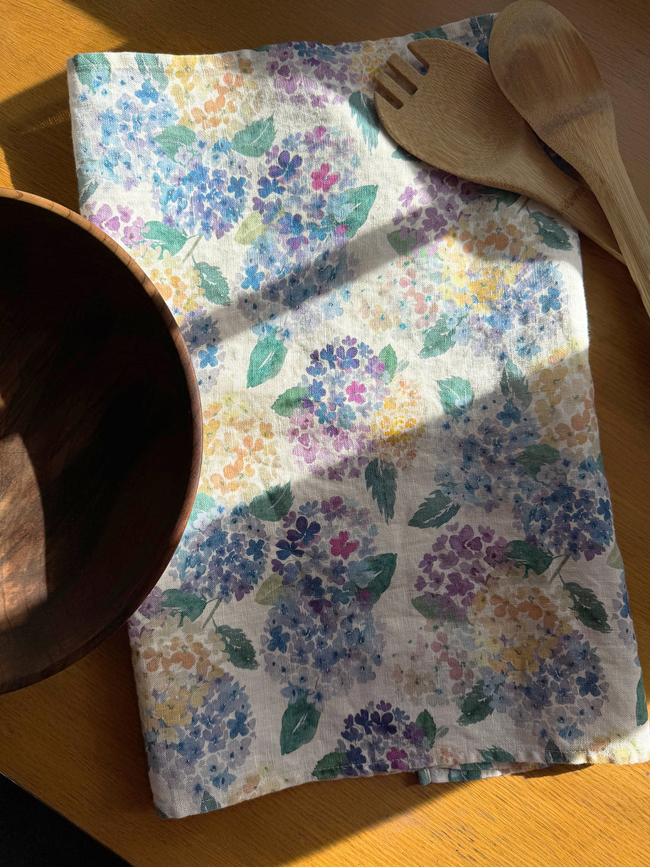 endless hydrangea linen tea towel