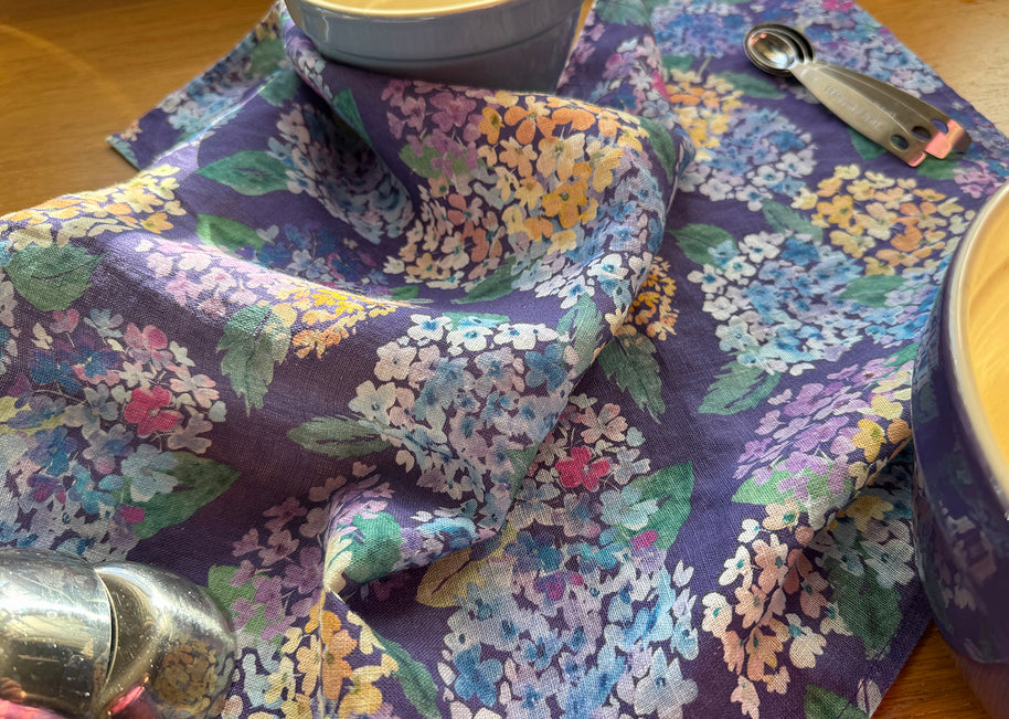 endless hydrangea linen tea towel