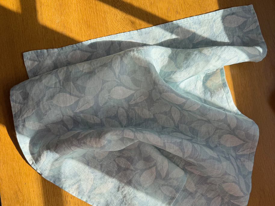 layered hydrangea leaves linen tea towel