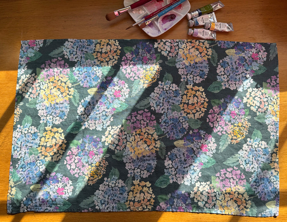 endless hydrangea linen tea towel