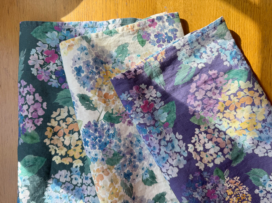 endless hydrangea linen tea towel