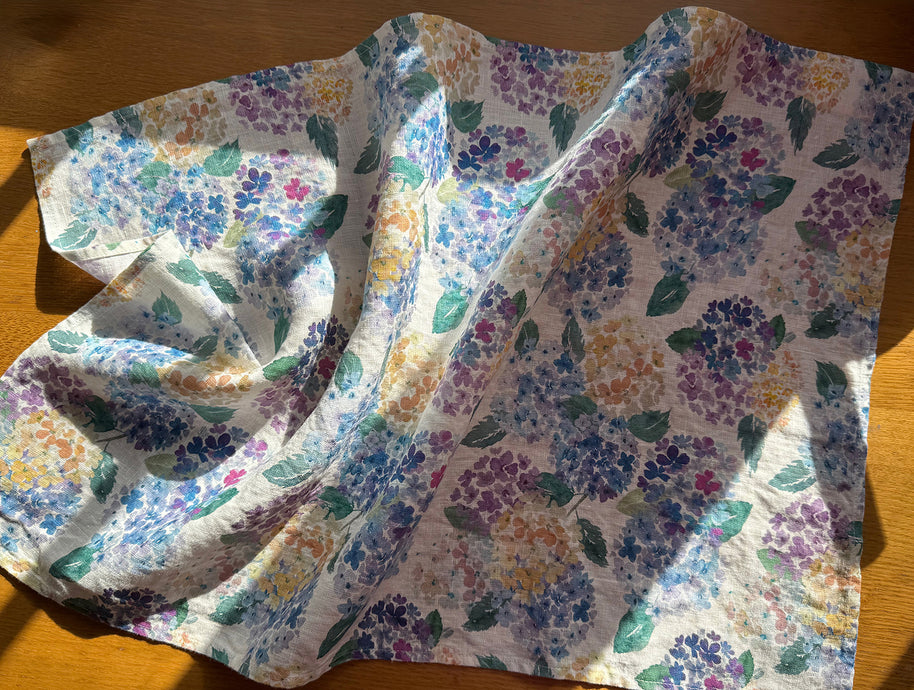endless hydrangea linen tea towel